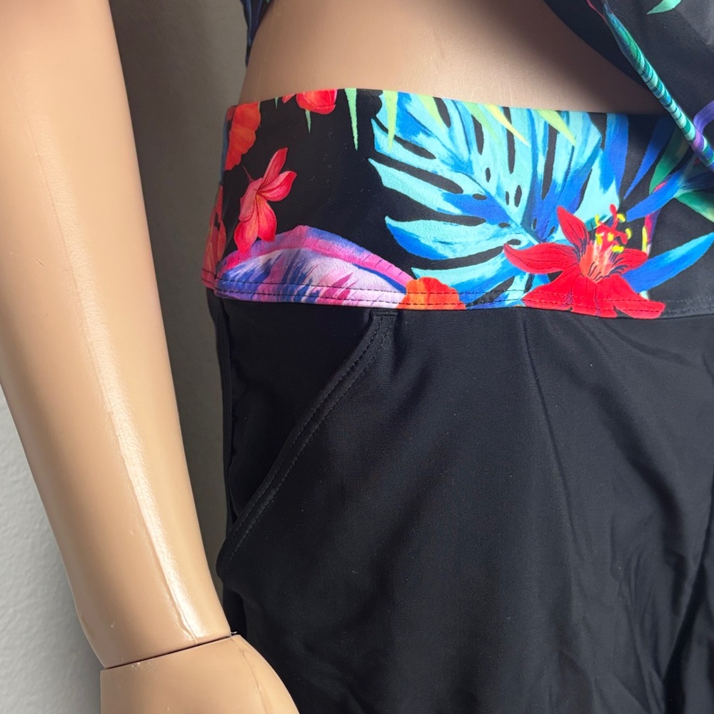 NWT Tankini Tropical Print Bikini Top Matching Black Swim Shorts with Pockets! - Picture 6 of 14